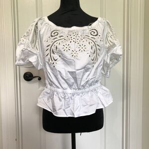 Guess Womens Blouse L White Lazo Eyelet Off Off the shoulder Peplum Top NWT‎